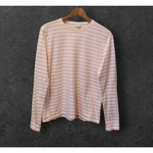 Kule Cotton White Pink Striped Round Neck Long Sleeve T Shirt Top Size Small